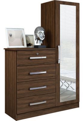 four drawer cabinet with stretched side section mirror attached on the door
